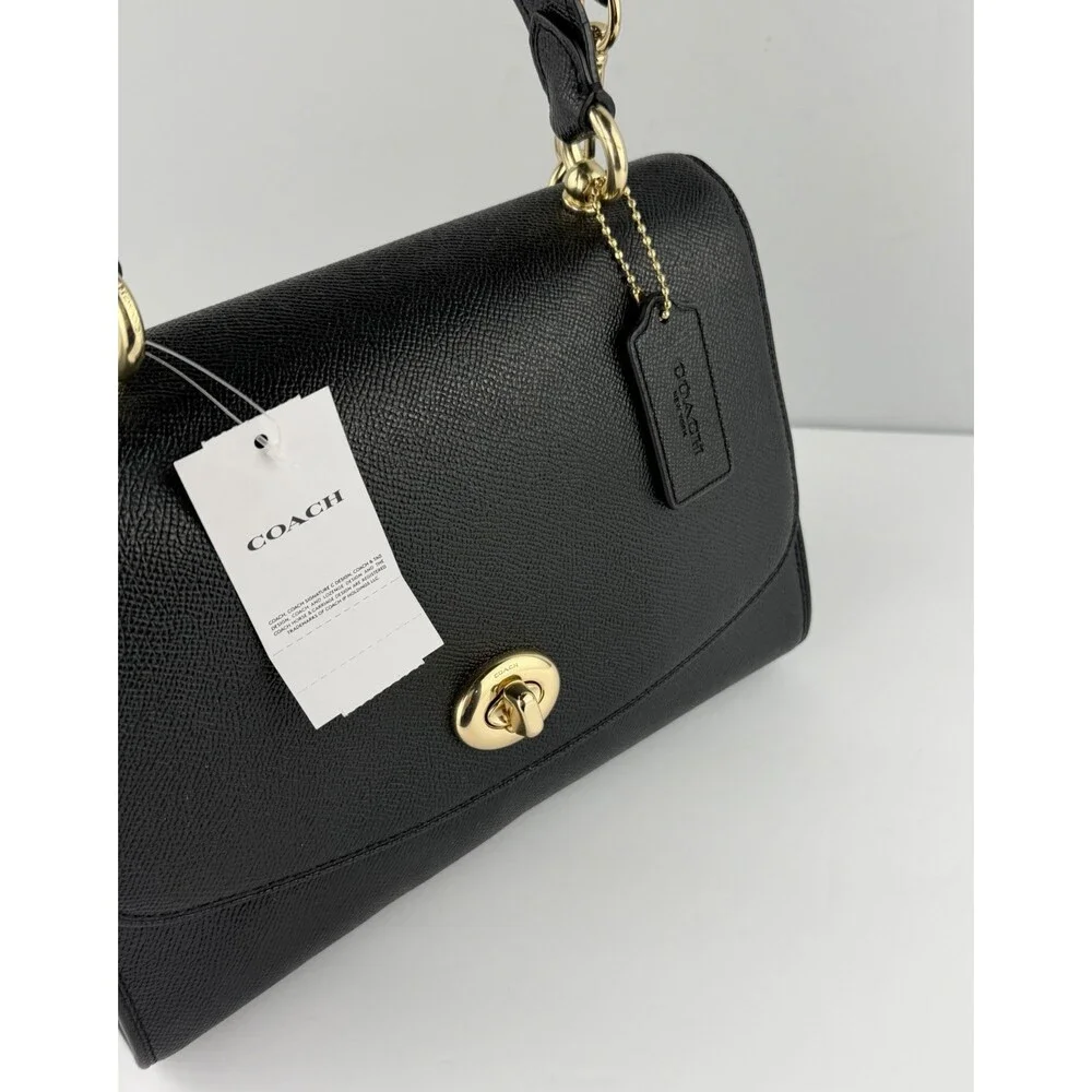 COACH Tilly Crossbody Top Handle Twist Lock Black Gold Leather Bag F76618 - $398